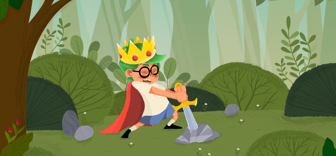 Ilustração de uma floresta. Nela, uma espada está fincada em uma pedra, e um menino está tentando heroicamente retirá-la